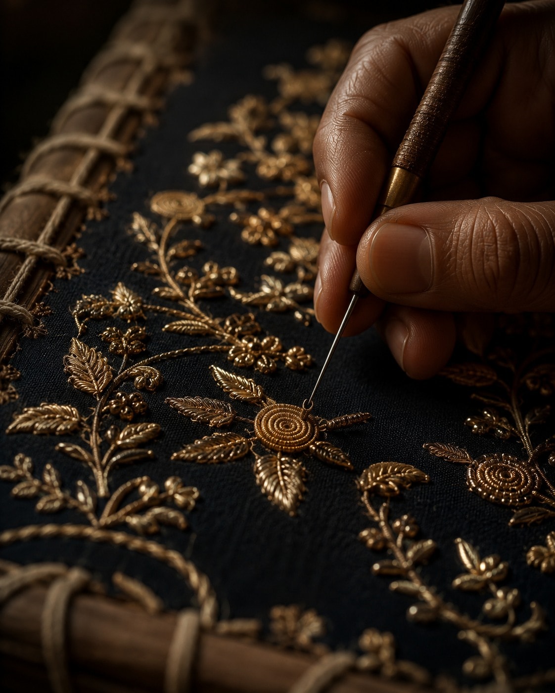 A karigar setting gold zardozi by hand