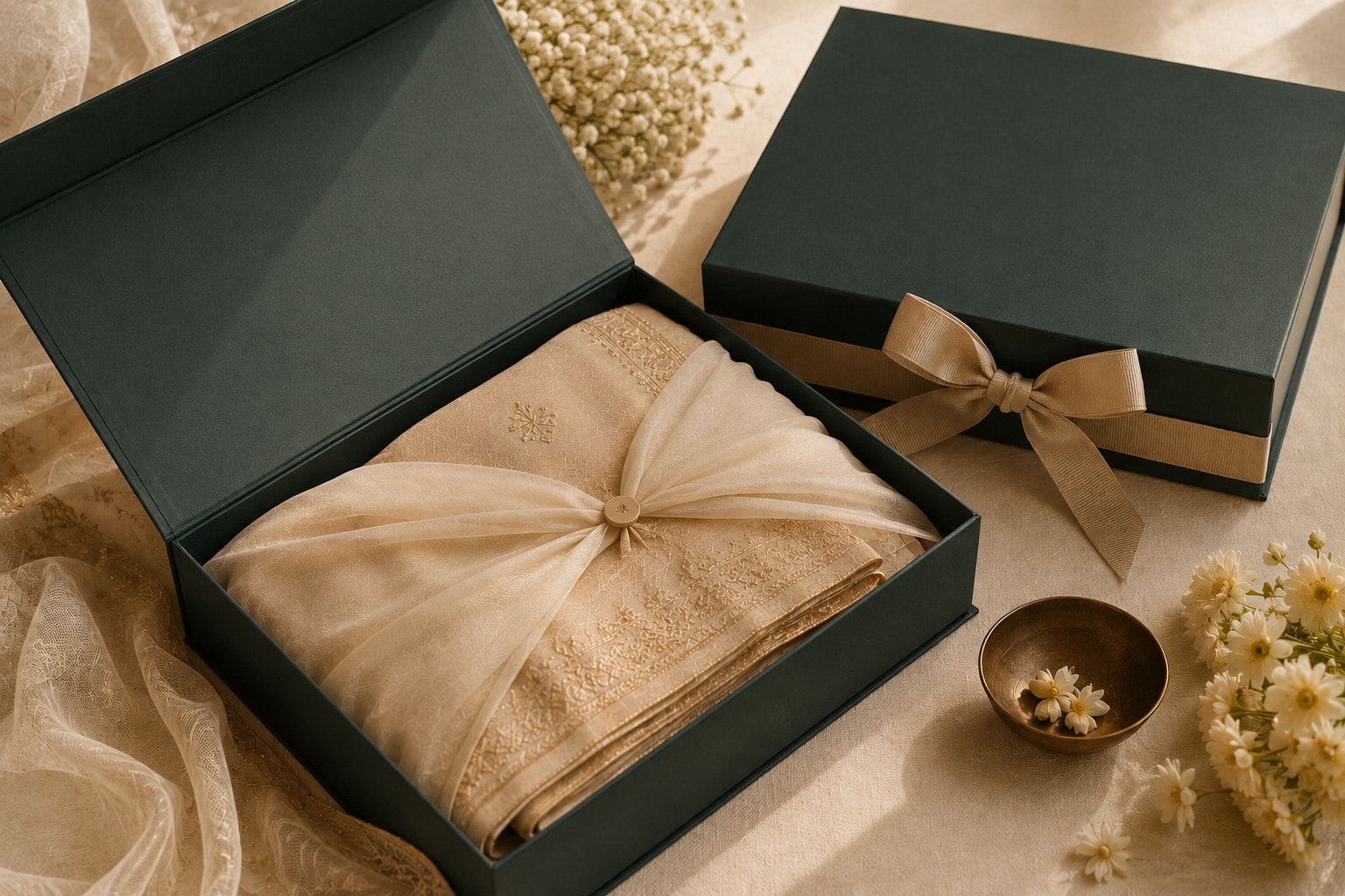 A folded garment wrapped in muslin in a signature box