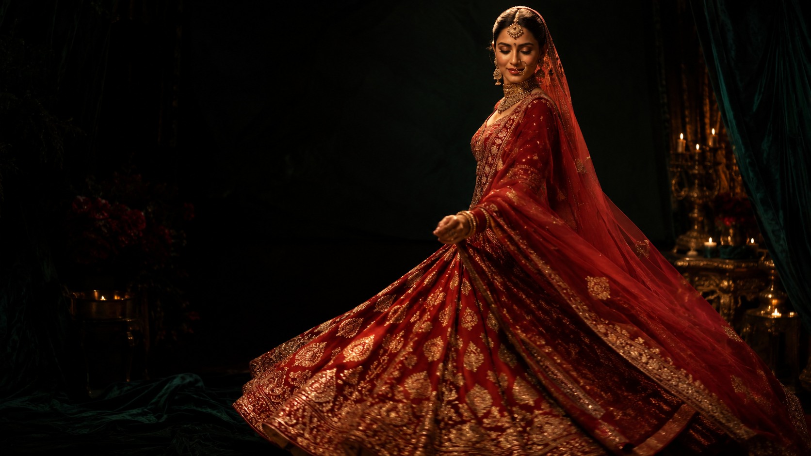 A bride turning in a rim-lit red and gold Banarasi lehenga